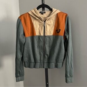 True Religion Color Block Cropped Zip Up Hoodie Size Large
